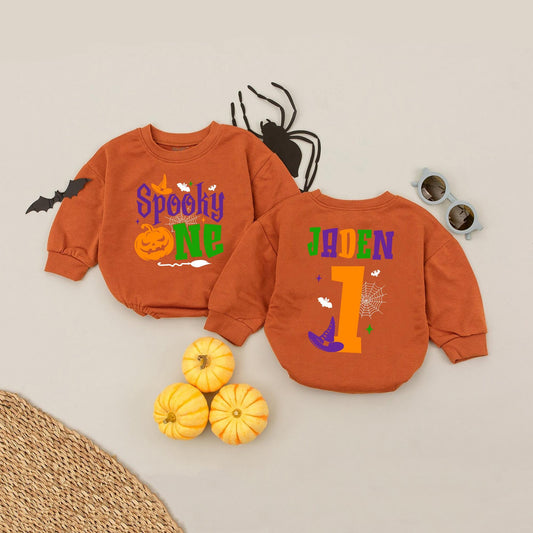 Personalized Spooky One Birthday Romper First Halloween Party Outfit Baby Girl Boy "Boo Is One" Cotton Spooky Season Babysuit