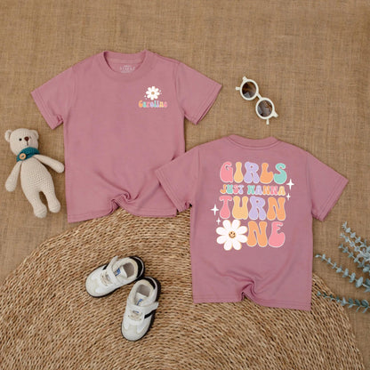 Personalized Girls Just Wanna Turn One Groovy Birthday Romper for Baby Girl First Birthday Outfit One Year Old Soft Daisy Bodysuit
