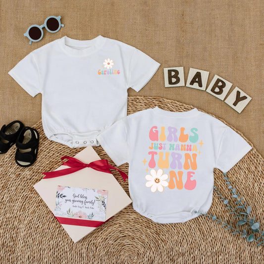 Personalized Girls Just Wanna Turn One Groovy Birthday Romper for Baby Girl First Birthday Outfit One Year Old Soft Daisy Bodysuit