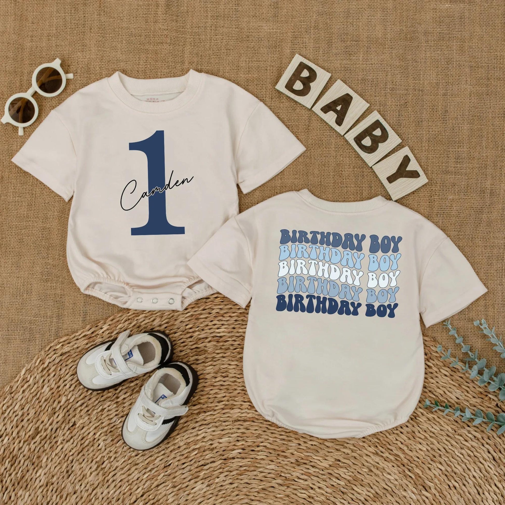 Caden 1st Birthday Boy Romper Blue Outfit with Number 1 and Cursive Name, Cake Smash Bodysuit Gift