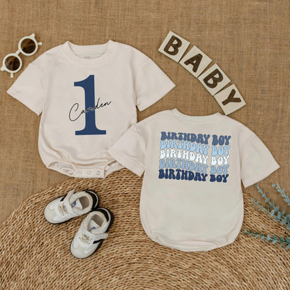 Caden 1st Birthday Boy Romper Blue Outfit with Number 1 and Cursive Name, Cake Smash Bodysuit Gift