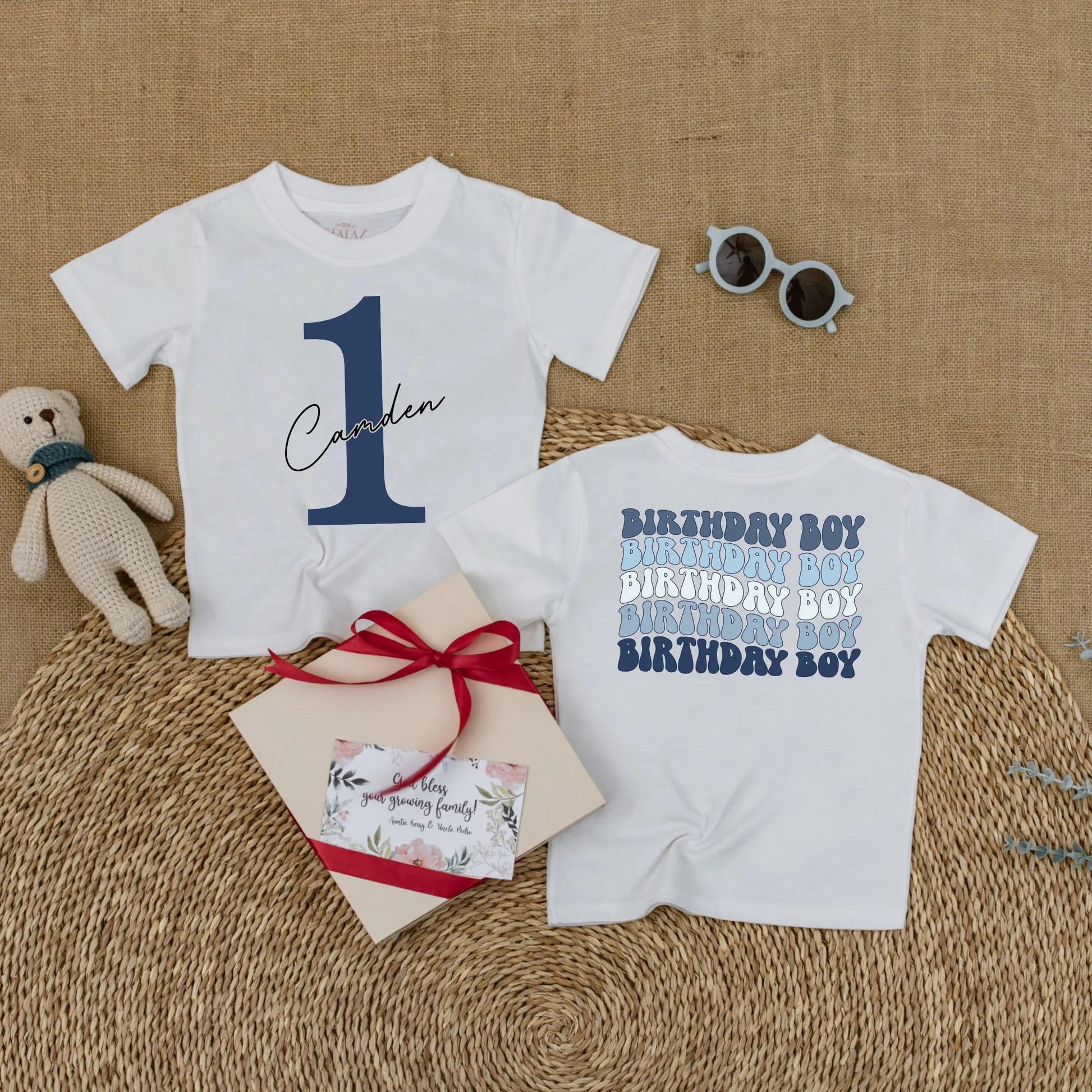 Caden 1st Birthday Boy Romper Blue Outfit with Number 1 and Cursive Name, Cake Smash Bodysuit Gift