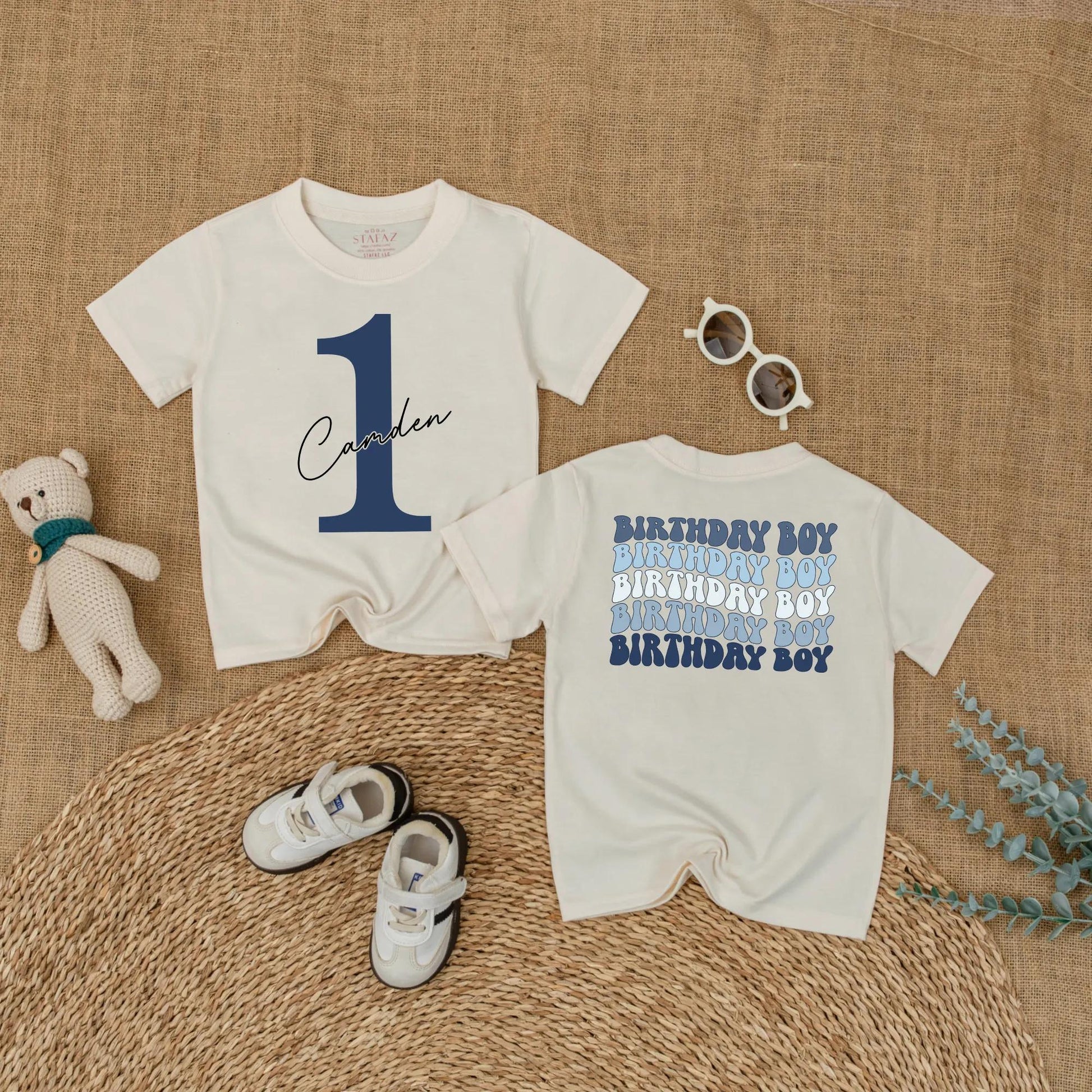 Caden 1st Birthday Boy Romper Blue Outfit with Number 1 and Cursive Name, Cake Smash Bodysuit Gift