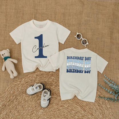Caden 1st Birthday Boy Romper Blue Outfit with Number 1 and Cursive Name, Cake Smash Bodysuit Gift