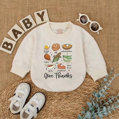 Cute Thanksgiving Baby Romper, Fall Food Bodysuit with Turkey Dinner Illustrations, 'Give Thanks' Newborn Outfit, First Thanksgiving Gift, Fall Baby Shower