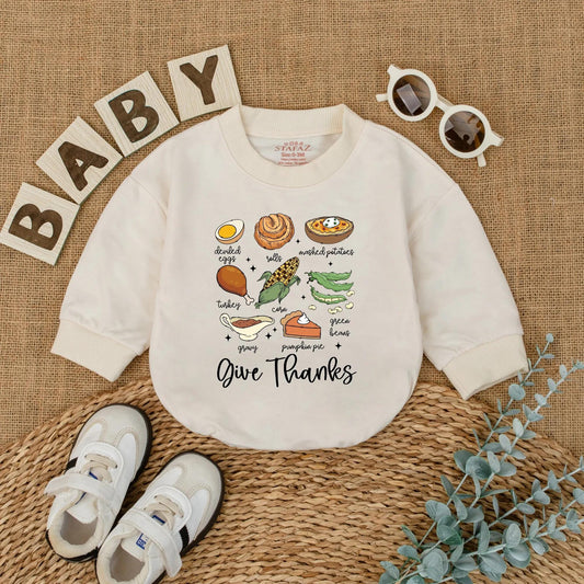 Cute Thanksgiving Baby Romper, Fall Food Bodysuit with Turkey Dinner Illustrations, 'Give Thanks' Newborn Outfit, First Thanksgiving Gift, Fall Baby Shower