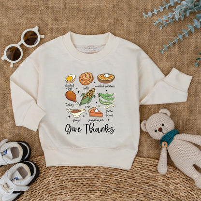 Cute Thanksgiving Baby Romper, Fall Food Bodysuit with Turkey Dinner Illustrations, 'Give Thanks' Newborn Outfit, First Thanksgiving Gift, Fall Baby Shower