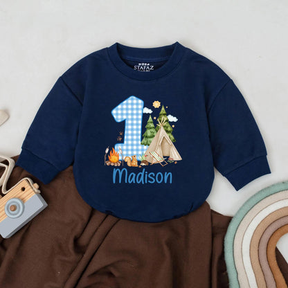 Woodland Camping Adventure First Birthday Romper Personalized Name Toddler Boy Girl Outfit Adorable Baby Clothes