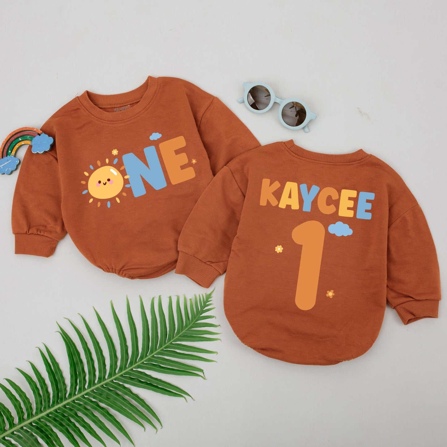 Kaycee's Sunshine First Birthday Romper, Custom ONE Bodysuit Set, Boho Sun Party Outfit, Personalized Baby Shower Gift, Boy 1st Birthday Idea (138 chars)