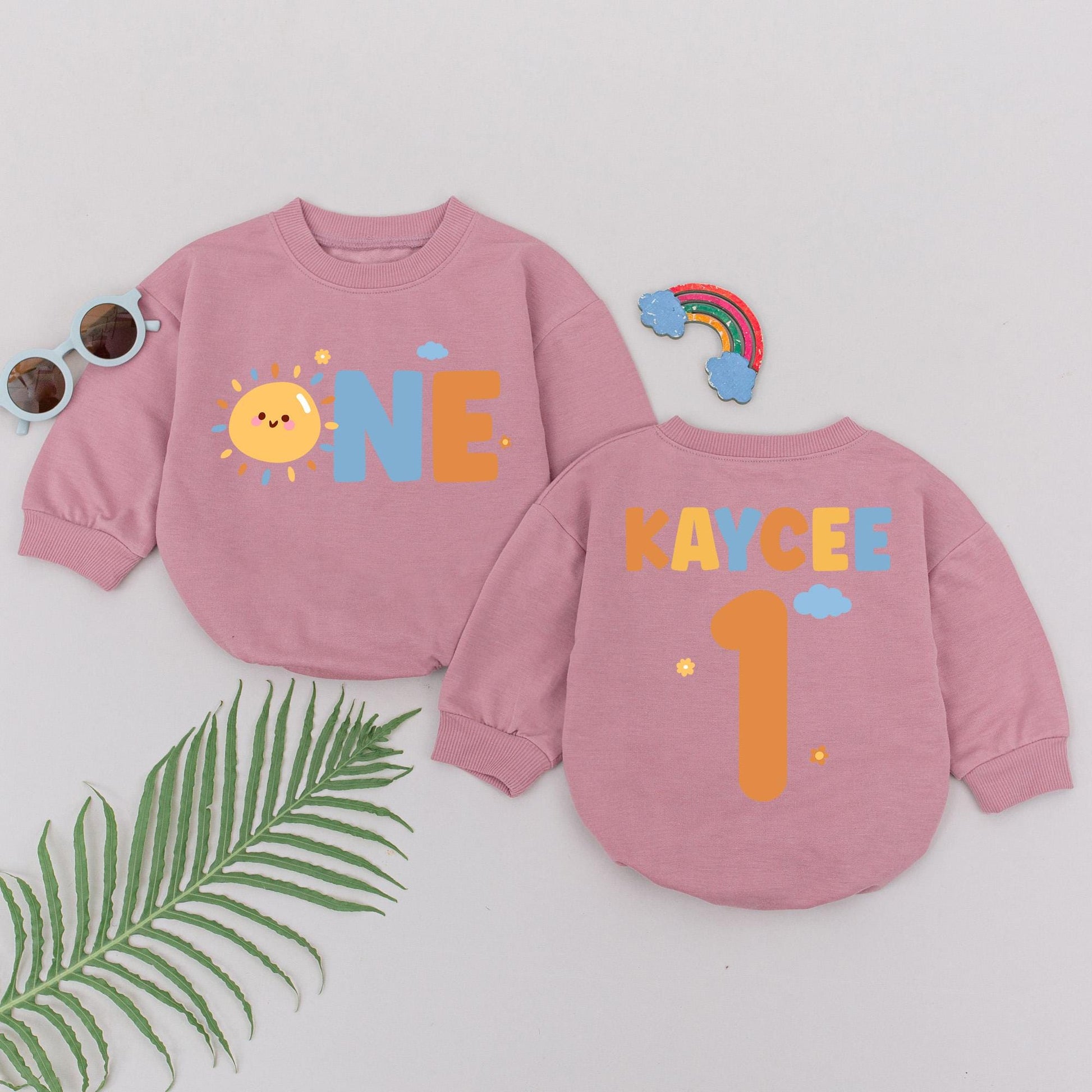 Kaycee's Sunshine First Birthday Romper, Custom ONE Bodysuit Set, Boho Sun Party Outfit, Personalized Baby Shower Gift, Boy 1st Birthday Idea (138 chars)