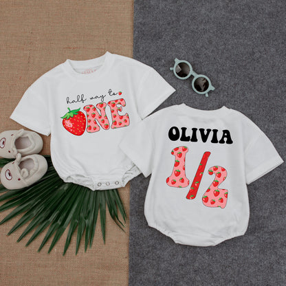 Custom Name Strawberry Half Birthday Bubble Romper for Baby Girls Adorable Summer Outfit Thoughtful Toddler Gift