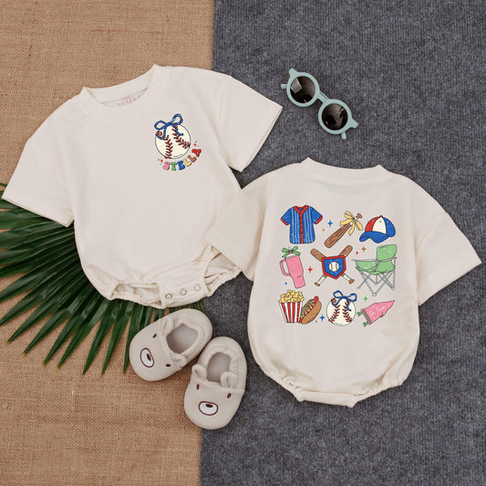 Custom Name Baseball Baby Bubble Romper Short Sleeve Outfit Game Day Sports Themed Toddler Clothes Baby Shower Gift Idea Summer