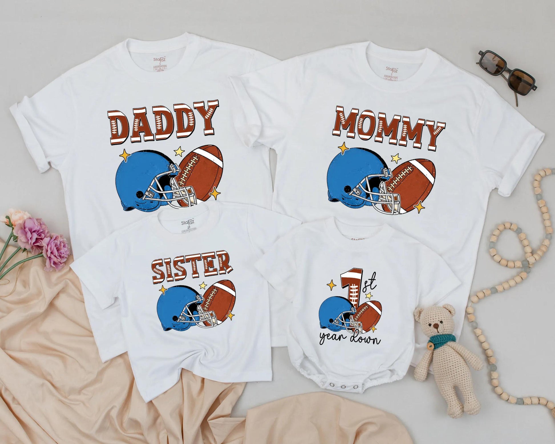 1st Year Down Football Family Matching Shirts, Personalized Birthday Outfit, Game Day Tee, One Year Old, Sports Theme, Comfy Cotton, Mommy & Me
