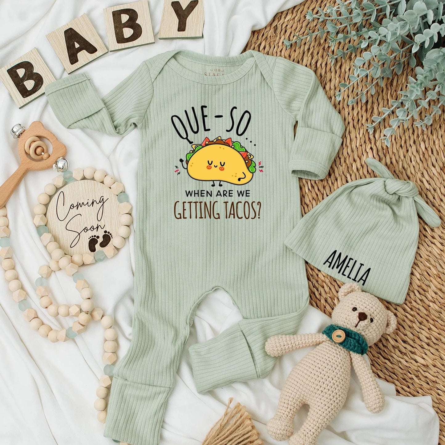 Que-So When Are We Getting Tacos Baby Bodysuit Cute Smiling Taco Design Funny Infant Outfit Delightful Baby Shower Gift Adorable Newborn Clothes