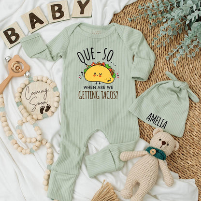 Que-So When Are We Getting Tacos Baby Bodysuit Cute Smiling Taco Design Funny Infant Outfit Delightful Baby Shower Gift Adorable Newborn Clothes