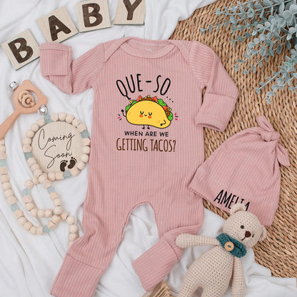 Que-So When Are We Getting Tacos Baby Bodysuit Cute Smiling Taco Design Funny Infant Outfit Delightful Baby Shower Gift Adorable Newborn Clothes
