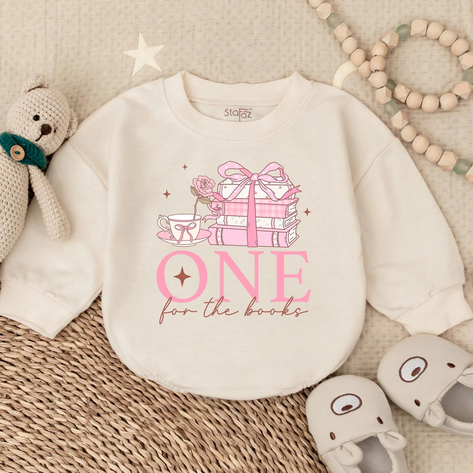 One for the Book Baby Girl First Birthday Pink Floral Bubble Romper Long Sleeve Outfit Comfortable Celebration Gift Idea for Toddler