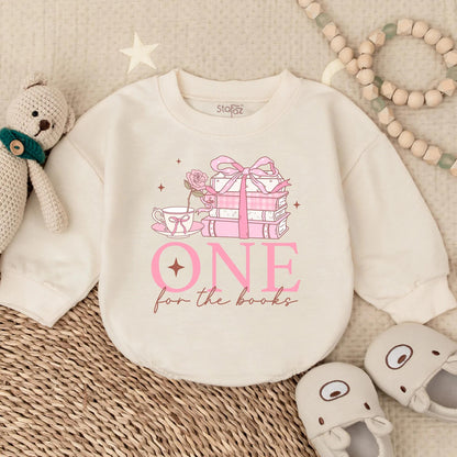 One for the Book Baby Girl First Birthday Pink Floral Bubble Romper Long Sleeve Outfit Comfortable Celebration Gift Idea for Toddler
