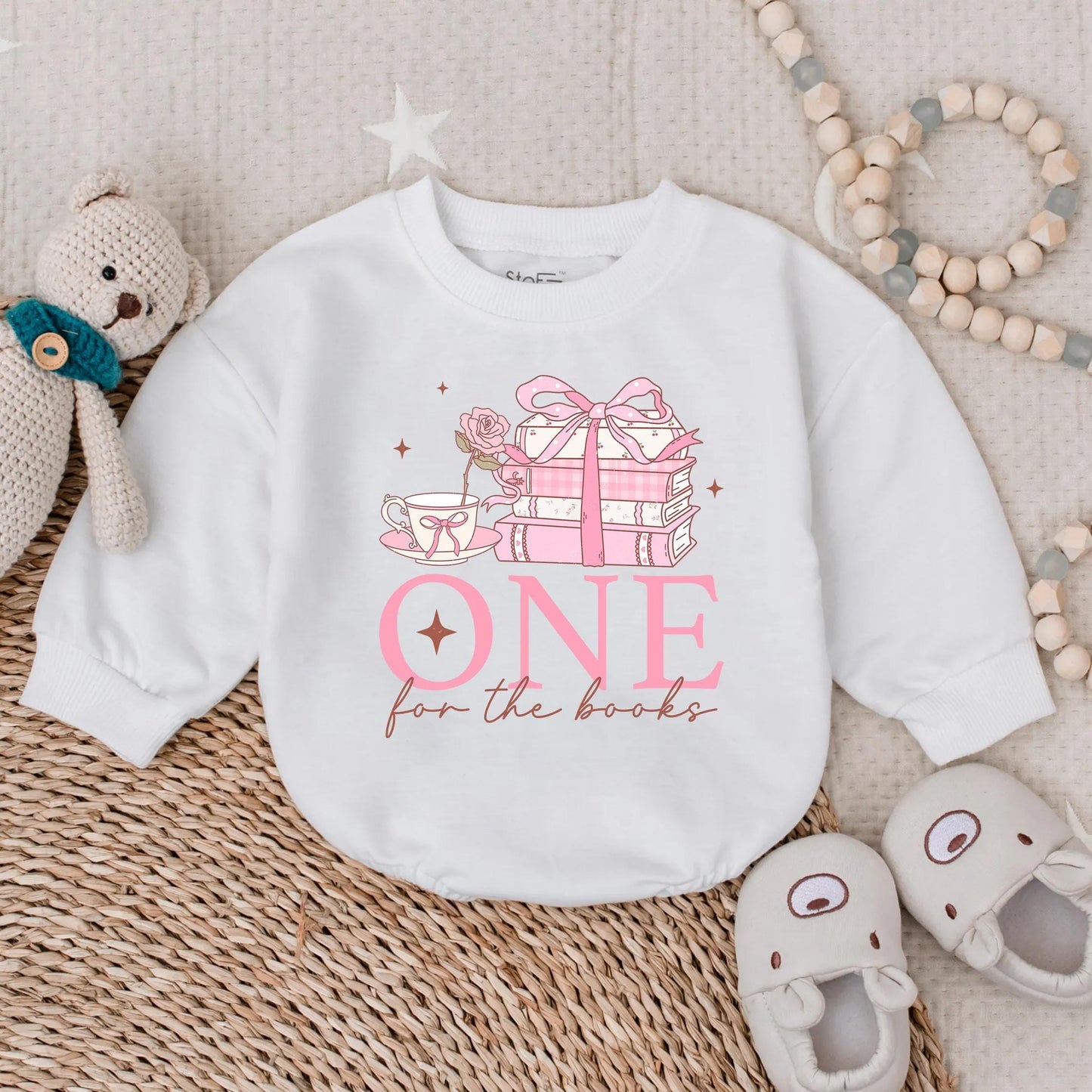 One for the Book Baby Girl First Birthday Pink Floral Bubble Romper Long Sleeve Outfit Comfortable Celebration Gift Idea for Toddler