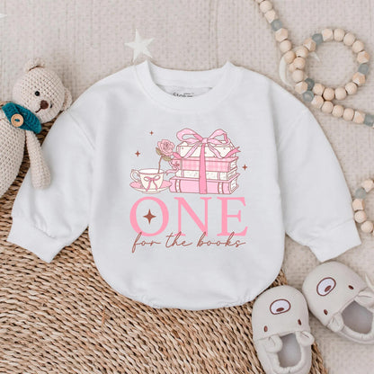 One for the Book Baby Girl First Birthday Pink Floral Bubble Romper Long Sleeve Outfit Comfortable Celebration Gift Idea for Toddler