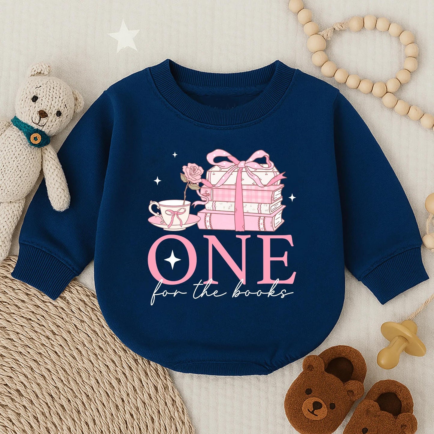 One for the Book Baby Girl First Birthday Pink Floral Bubble Romper Long Sleeve Outfit Comfortable Celebration Gift Idea for Toddler