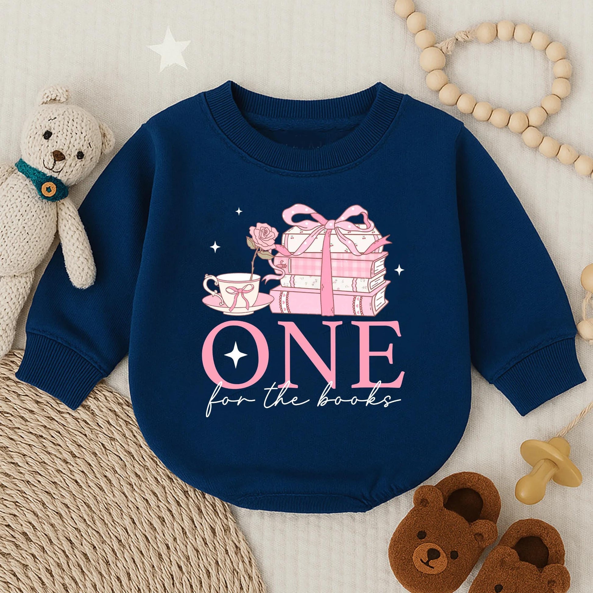 One for the Book Baby Girl First Birthday Pink Floral Bubble Romper Long Sleeve Outfit Comfortable Celebration Gift Idea for Toddler
