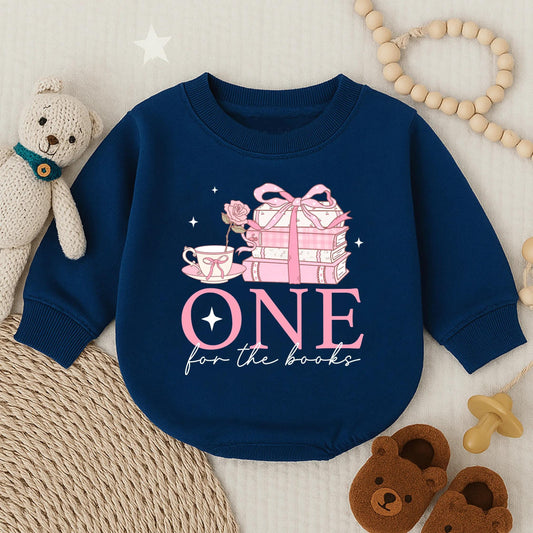 One for the Book Baby Girl First Birthday Pink Floral Bubble Romper Long Sleeve Outfit Comfortable Celebration Gift Idea for Toddler