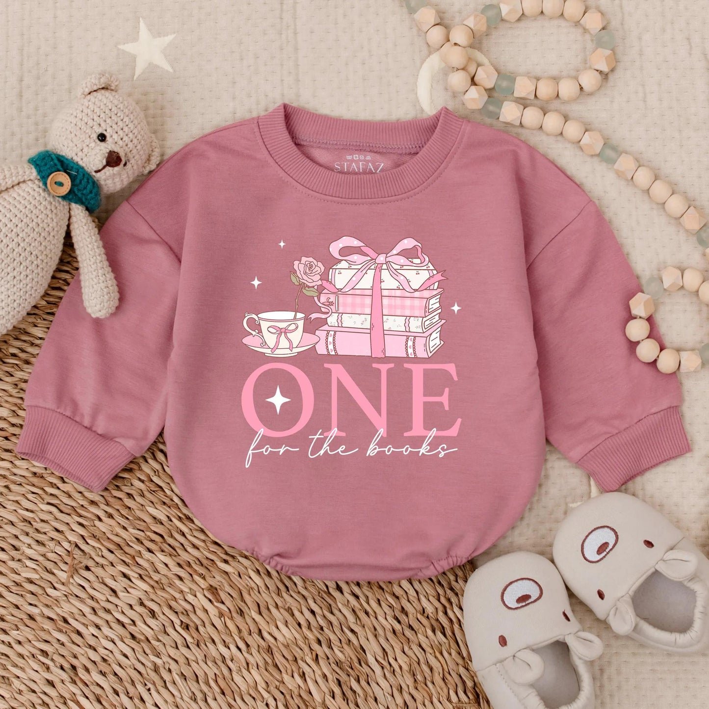 One for the Book Baby Girl First Birthday Pink Floral Bubble Romper Long Sleeve Outfit Comfortable Celebration Gift Idea for Toddler