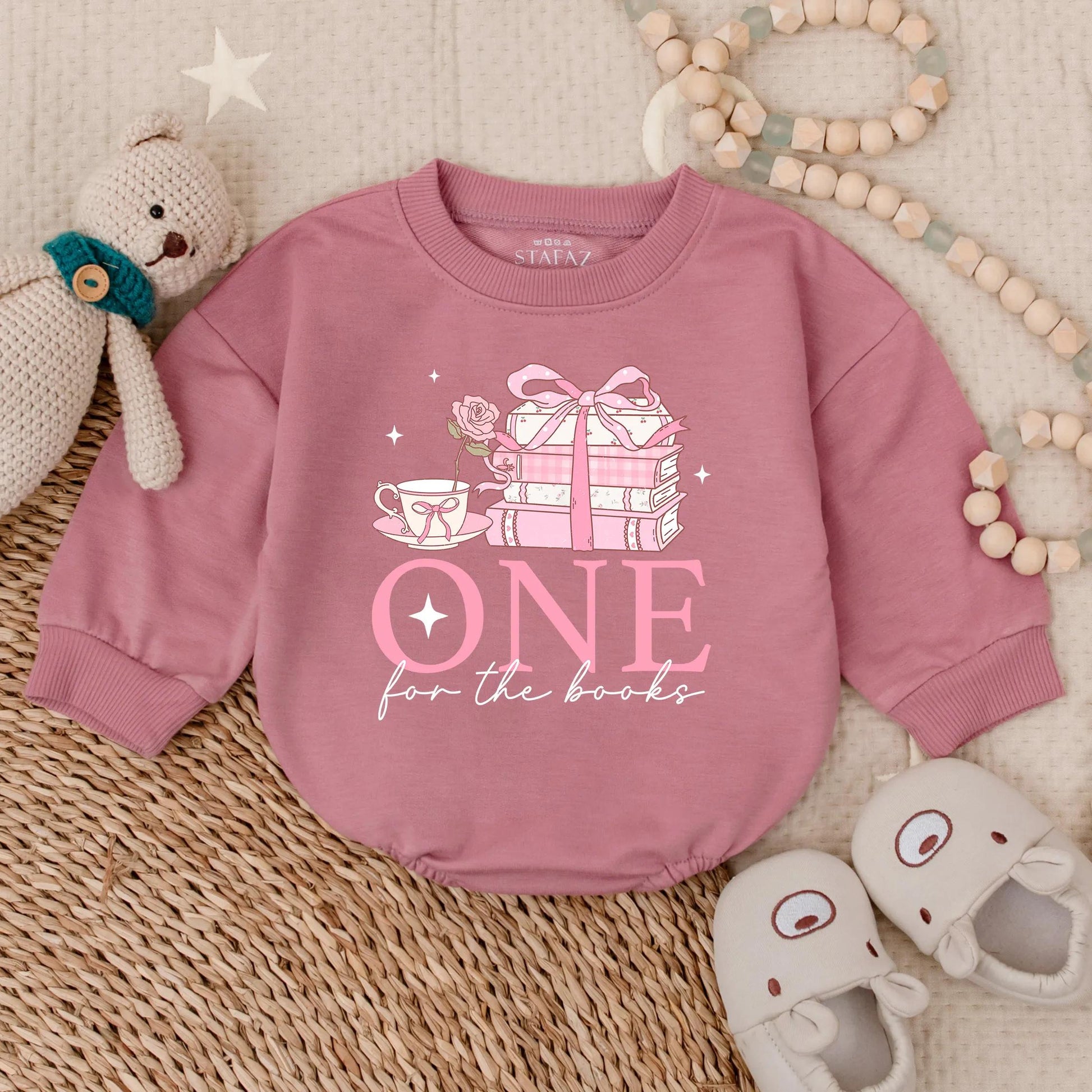One for the Book Baby Girl First Birthday Pink Floral Bubble Romper Long Sleeve Outfit Comfortable Celebration Gift Idea for Toddler