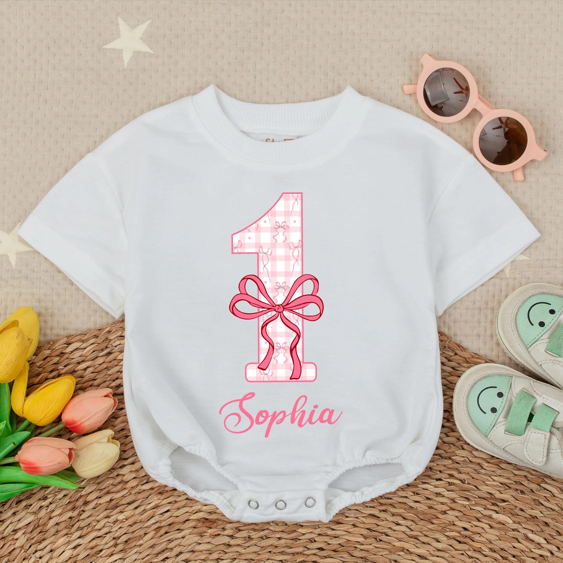 Personalized Pink Bow First Birthday Baby Romper - Custom Name Bubble Romper for Baby Girl, Adorable Outfit Gift