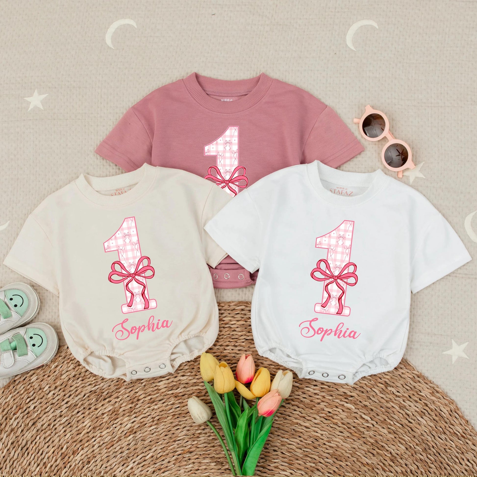 Personalized Pink Bow First Birthday Baby Romper - Custom Name Bubble Romper for Baby Girl, Adorable Outfit Gift