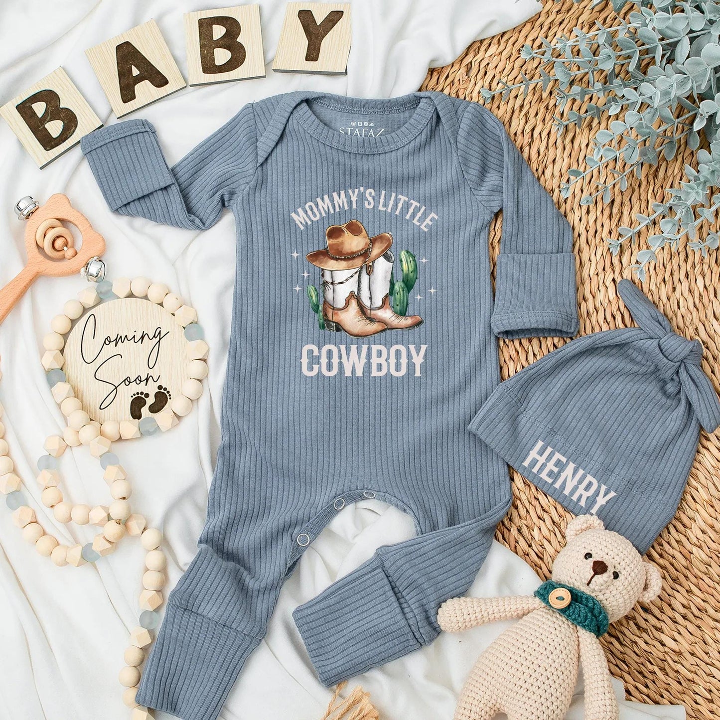 Mommy’s Little Cowboy Bodysuit & Hat Newborn Western Outfit Custom Baby Shower Gift for Boys 139