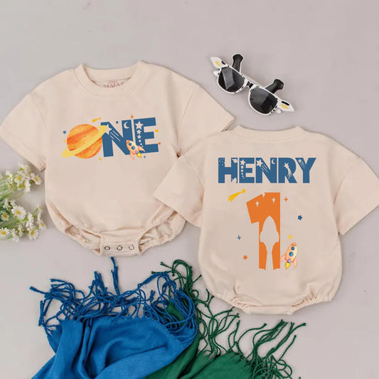 Space One Birthday Romper Boy, 1st Birthday Outfit, Astronaut Gift, First Birthday Clothes, Custom Baby Outfit, Rocket Ship Design