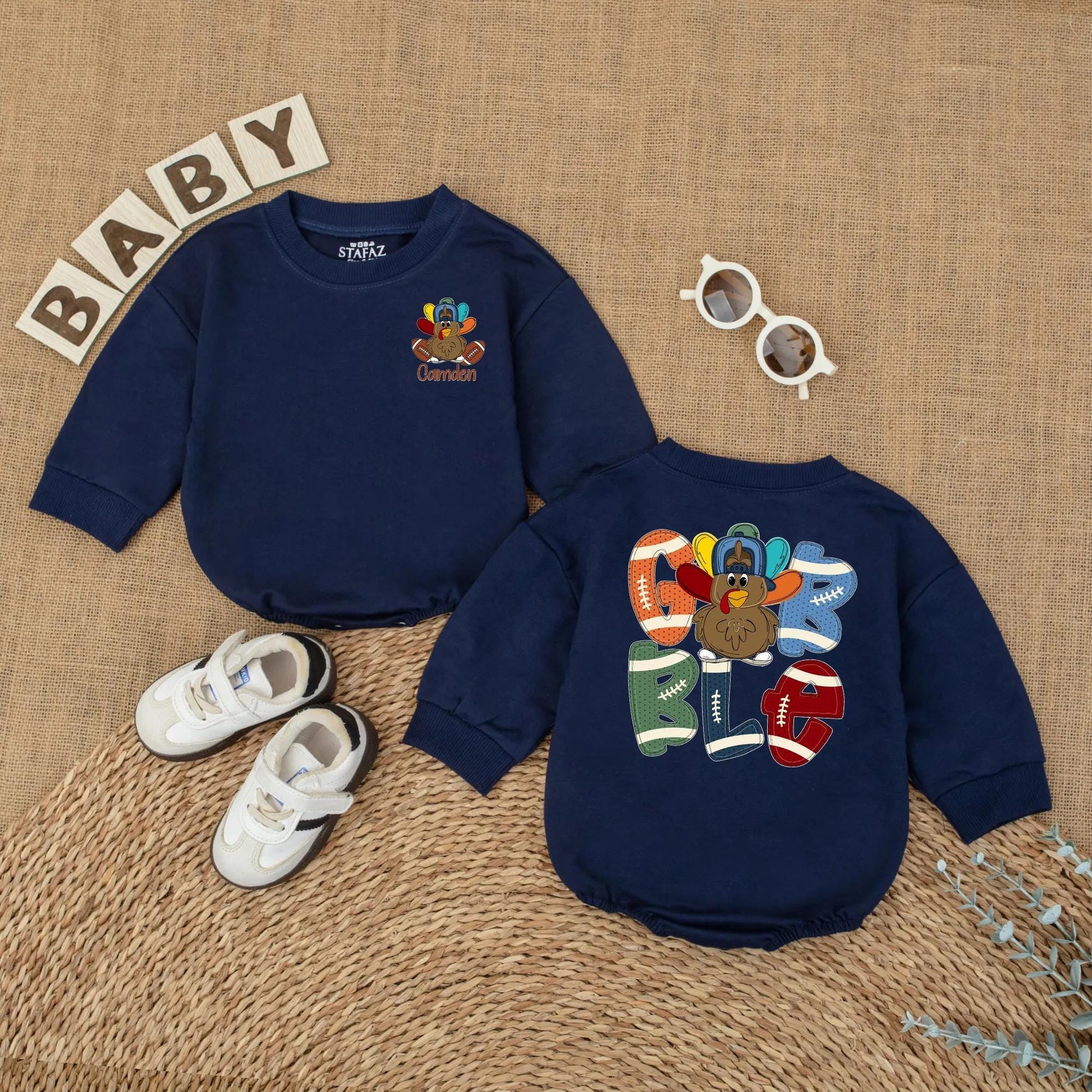 Personalized Boys Thanksgiving Gobble Turkey Football Baby Romper Custom Name Fall Baby Bodysuit Outfit Cute Sports Shower Gift