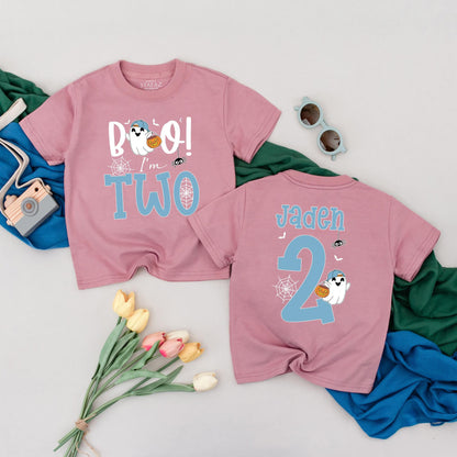 Personalized Boo I'm Two Halloween Birthday Shirt for Toddler Boy Spooky Second Birthday Party Outfit Tee Comfortable Cotton Gift