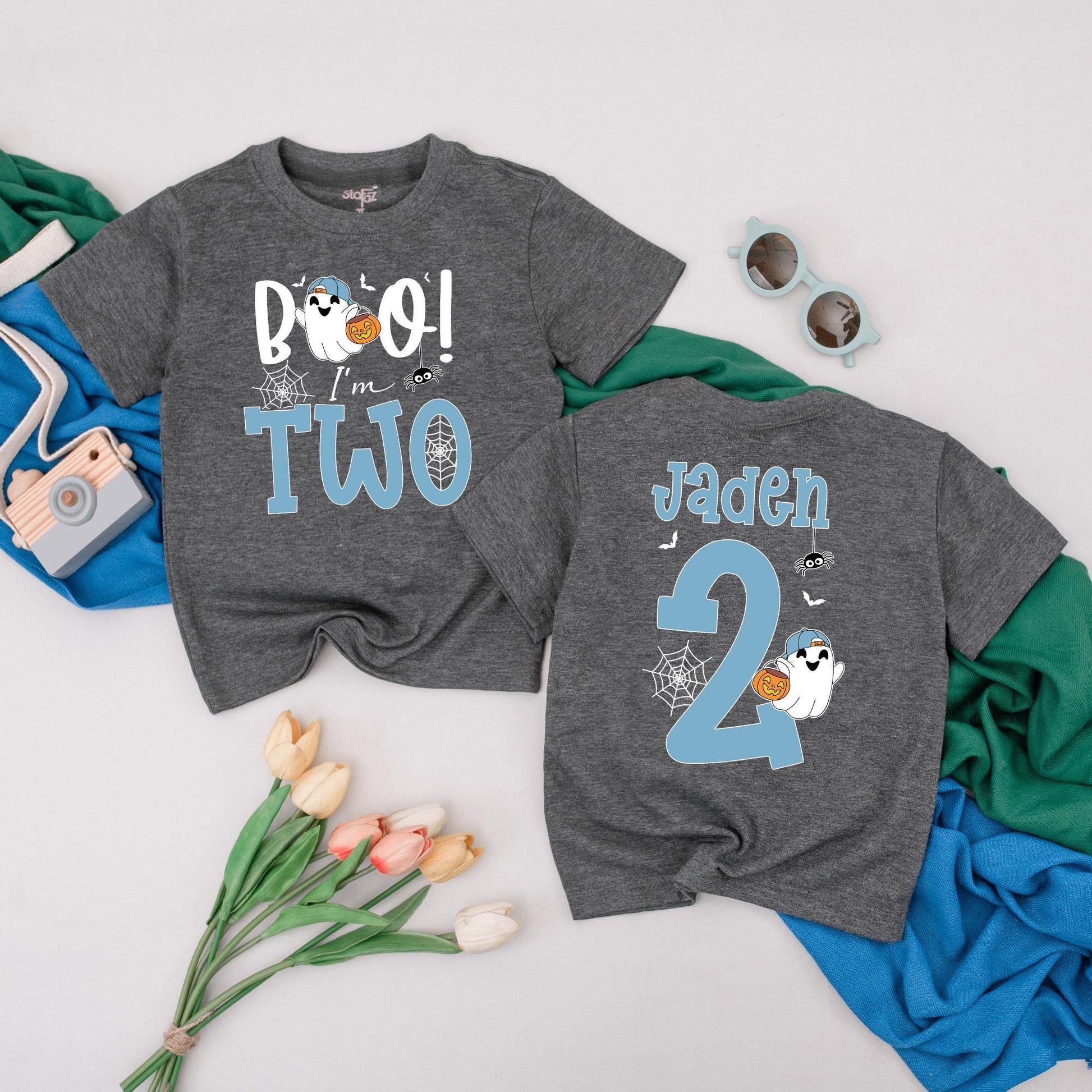 Personalized Boo I'm Two Halloween Birthday Shirt for Toddler Boy Spooky Second Birthday Party Outfit Tee Comfortable Cotton Gift