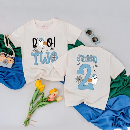Personalized Boo I'm Two Halloween Birthday Shirt for Toddler Boy Spooky Second Birthday Party Outfit Tee Comfortable Cotton Gift