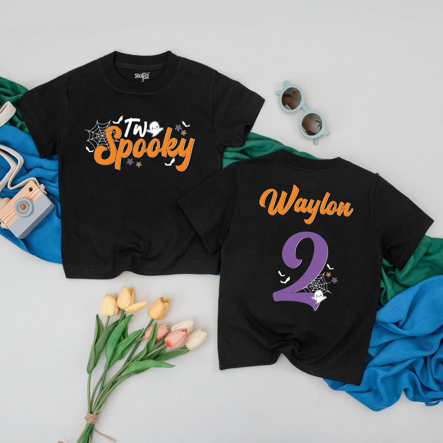 Personalized "Two Spooky" Halloween Birthday Shirt for Boys, 2nd Birthday Toddler Tee with Ghost Bats & Stars Design, Spooky Fun Party Outfit