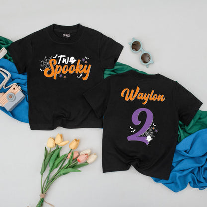 Personalized "Two Spooky" Halloween Birthday Shirt for Boys, 2nd Birthday Toddler Tee with Ghost Bats & Stars Design, Spooky Fun Party Outfit