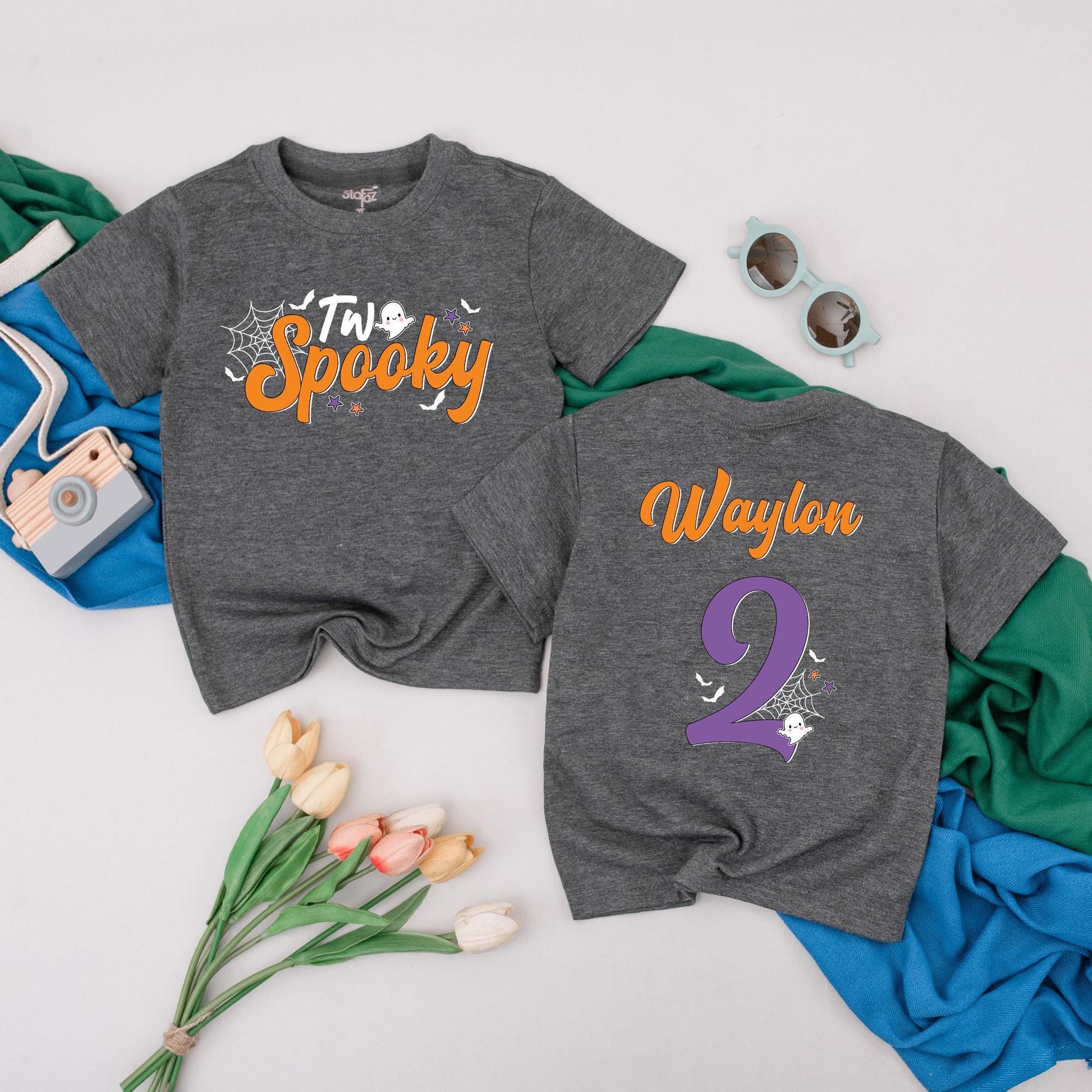 Personalized "Two Spooky" Halloween Birthday Shirt for Boys, 2nd Birthday Toddler Tee with Ghost Bats & Stars Design, Spooky Fun Party Outfit