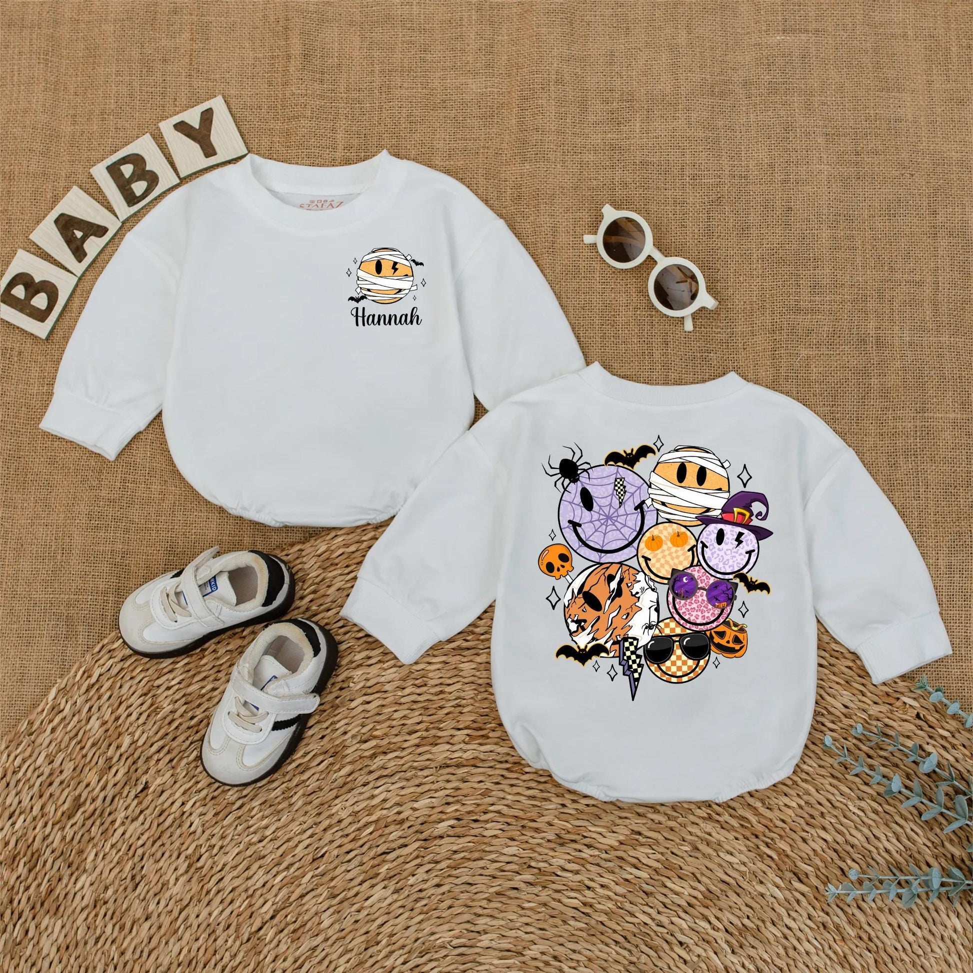 Personalized Halloween Smiley Face Baby Romper Custom Name Bodysuit Cute Fall Pumpkin Season Outfit for Baby Boy Girl Toddler