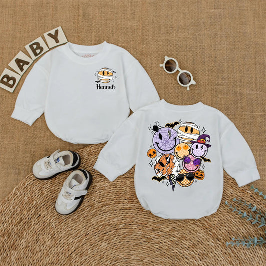 Personalized Halloween Smiley Face Baby Romper Custom Name Bodysuit Cute Fall Pumpkin Season Outfit for Baby Boy Girl Toddler