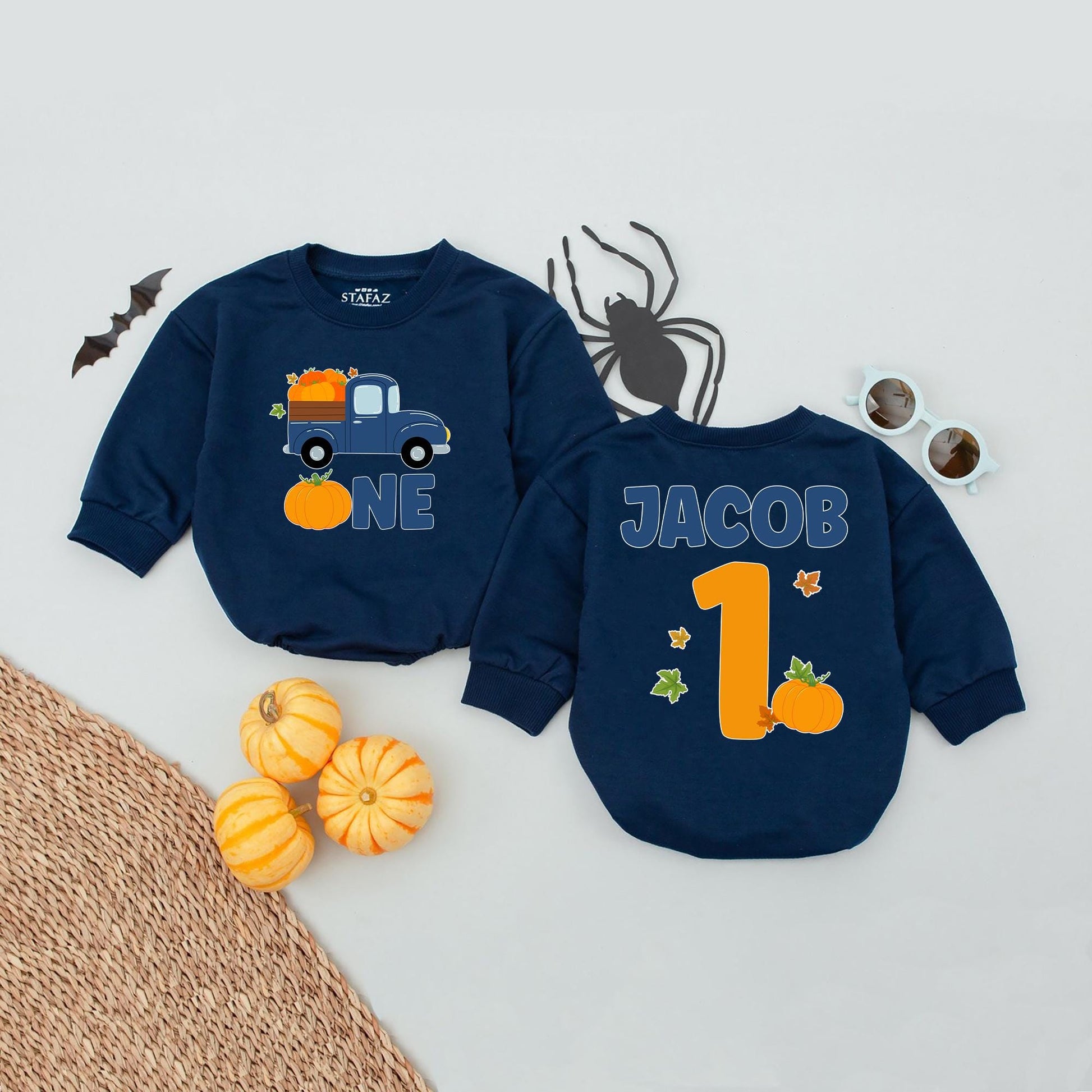 Personalized Pumpkin Truck 1st Birthday Romper, Custom Name One Year Old Outfit, Fall Bday Boy Clothes, Navy Orange First Birthday, Festive Autumn