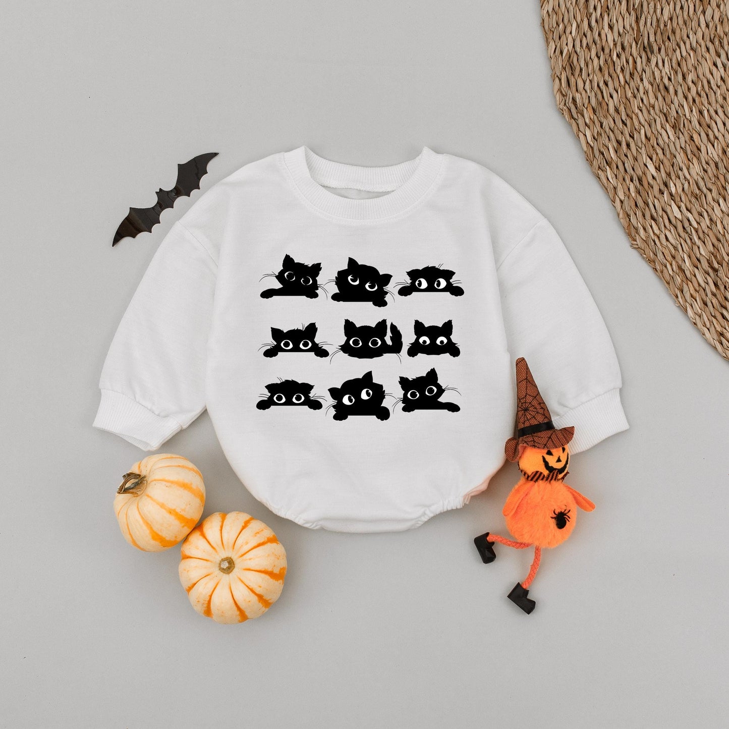 Cute Black Cat Baby Romper with Nine Cartoon Felines 3x3 Grid Fun Baby Shower Gift for Cat Lovers Natural Bodysuit
