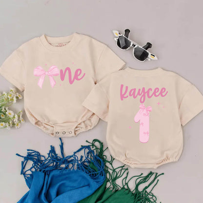 Personalized First Birthday Girl Romper Bodysuit with Pink Bow and 'One' Design for Cake Smash Outfit One Year Old Baby Girl Celebration Gift