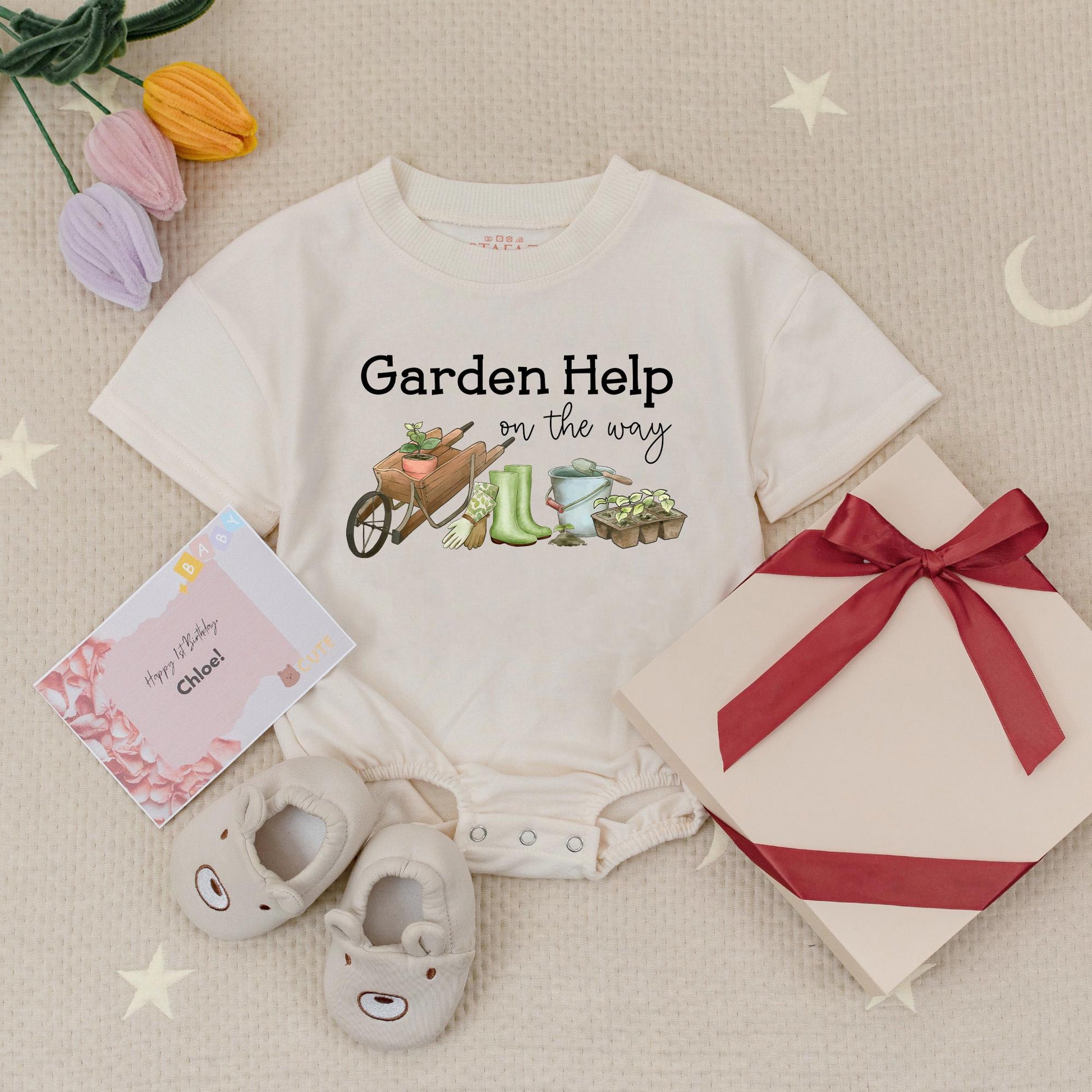 Garden Help Baby Romper: Little Gardener On The Way Outfit, Cute Seedlings & Tools Design, Infant Babysuit for Budding Plant Lovers (138 chars)