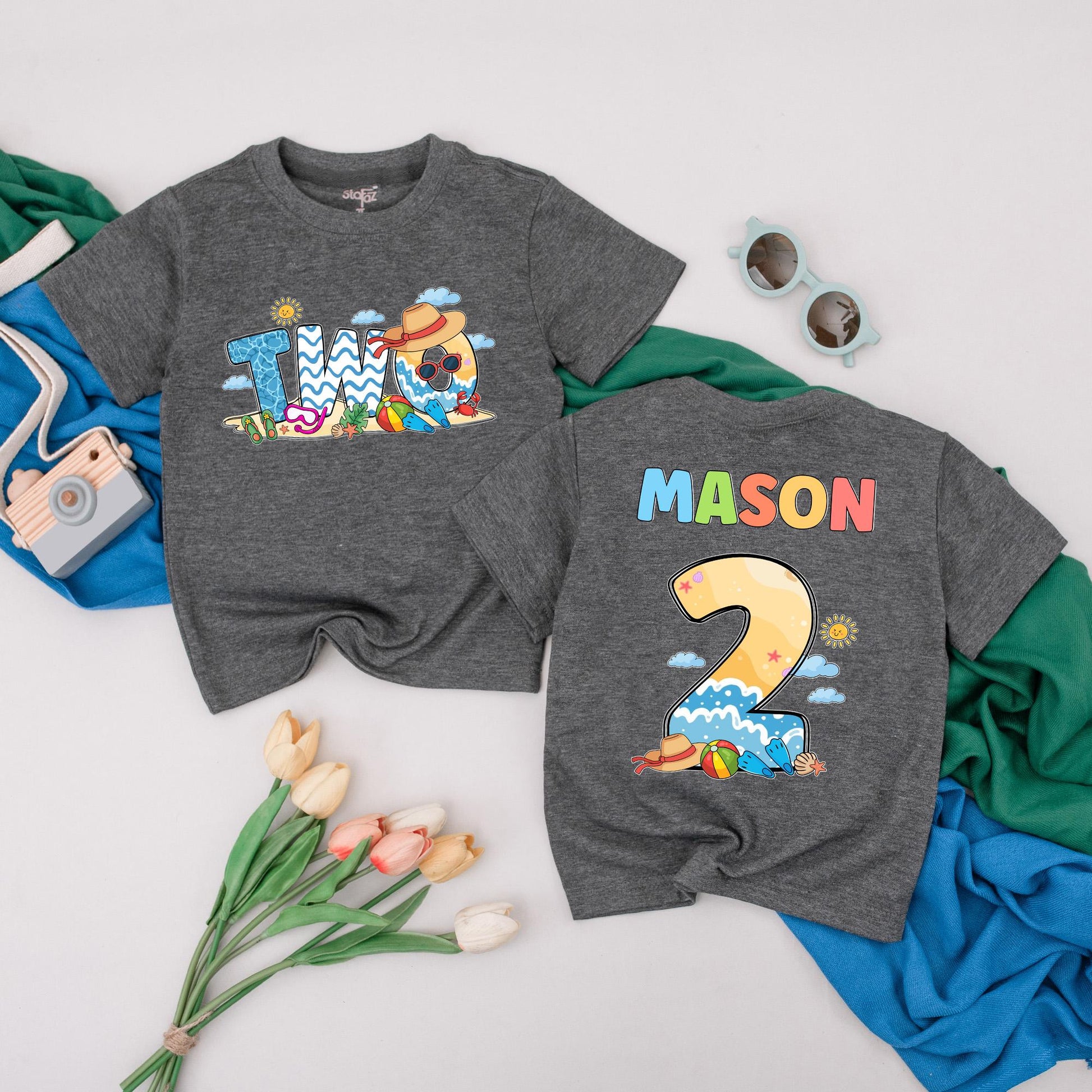 Personalized 2nd Birthday Boy Girl T-Shirt Summer Beach Toddler Kids Soft Cotton Tee Fun Two Year Old Celebration Gift