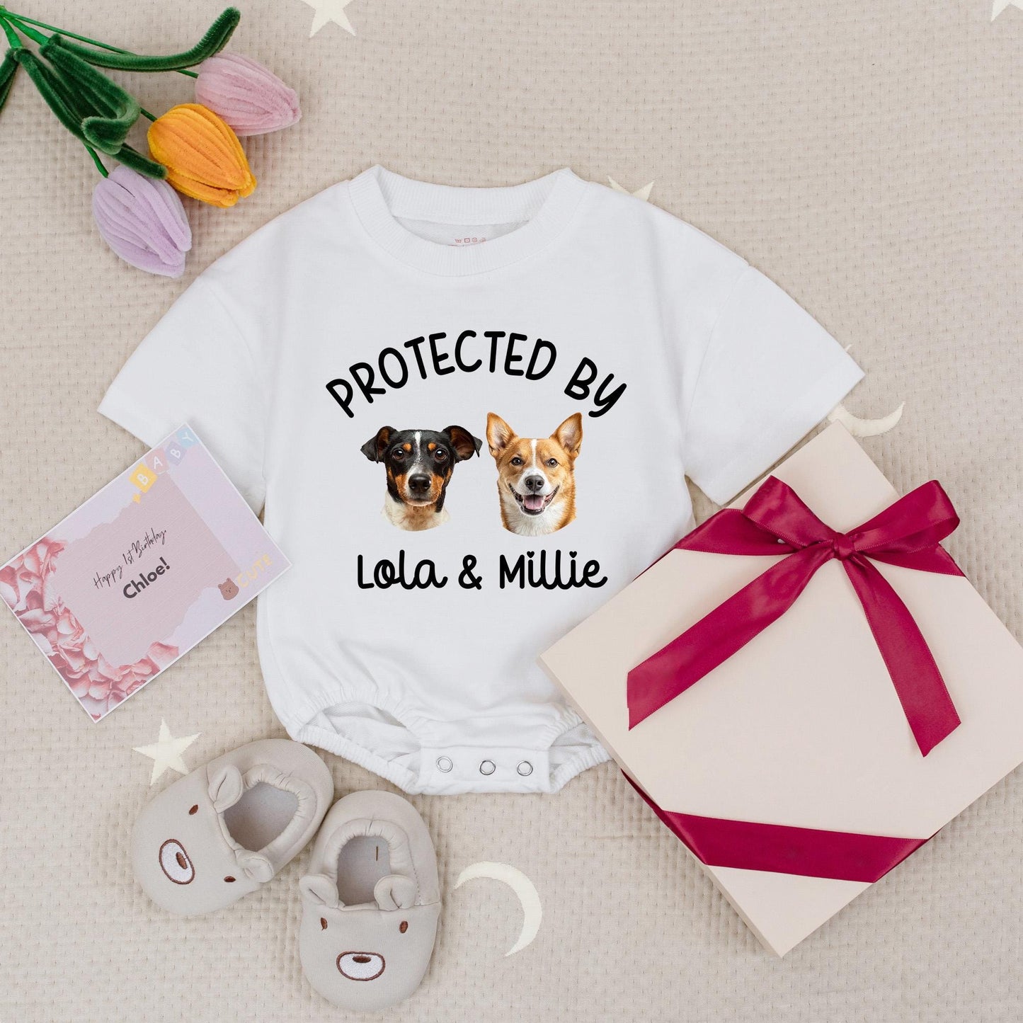 Custom 'Protected by Lola & Millie' Baby Romper with Pet Photo Design Cute Personalized Baby Shower Gift