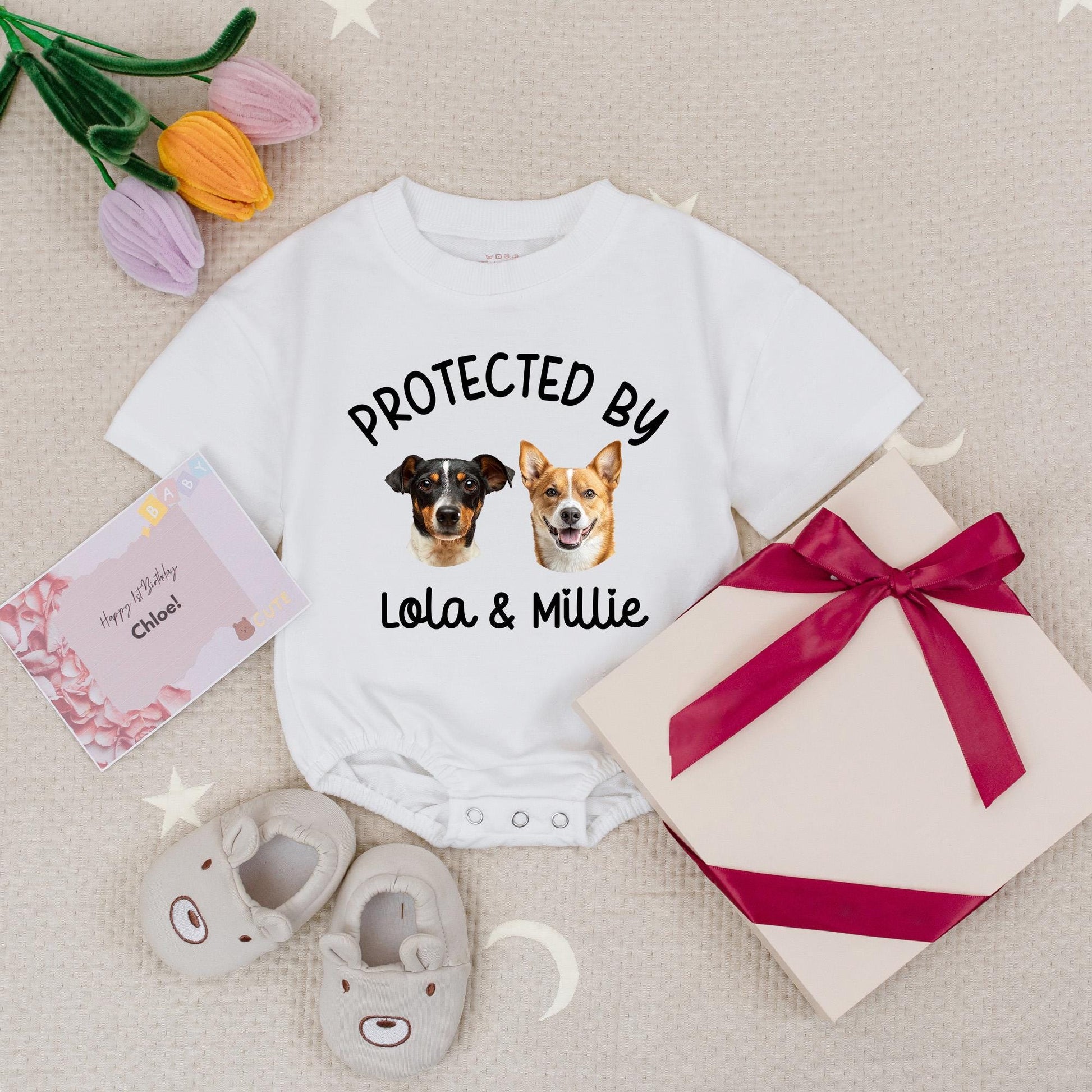 Custom 'Protected by Lola & Millie' Baby Romper with Pet Photo Design Cute Personalized Baby Shower Gift