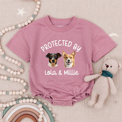 Custom 'Protected by Lola & Millie' Baby Romper with Pet Photo Design Cute Personalized Baby Shower Gift